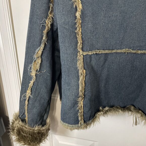 Vintage Jacket Coat Shaggy Penny Lane Denim Faux Fur Women’s Small Y2K Trucker - Picture 8 of 11
